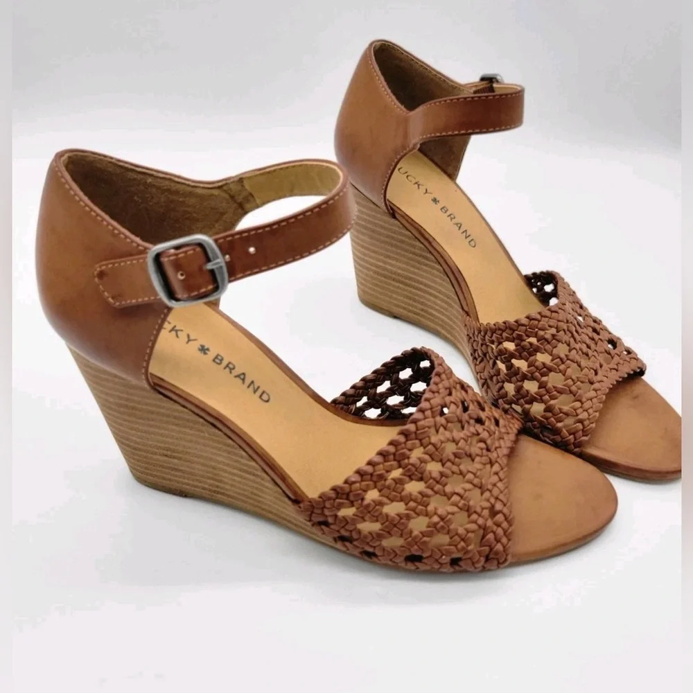 Lucky Brand Brown Leather Strappy Platform Wedge Sandals Boho Summer Shoes